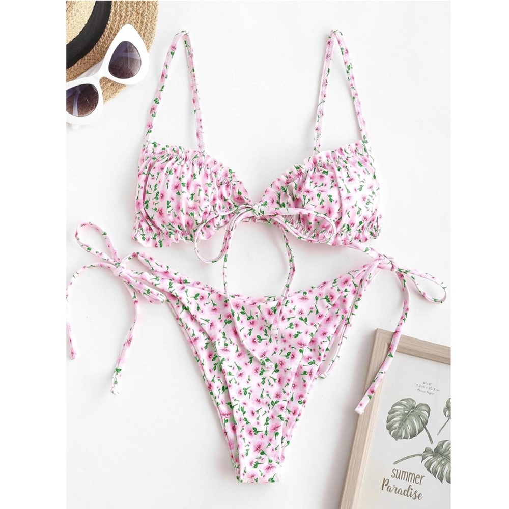 Floral Ruffle Tie Bikini Set